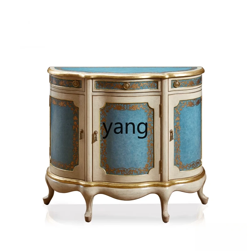CX French court style solid wood painted gold hand-painted blue and white entrance cabinet entrance platform