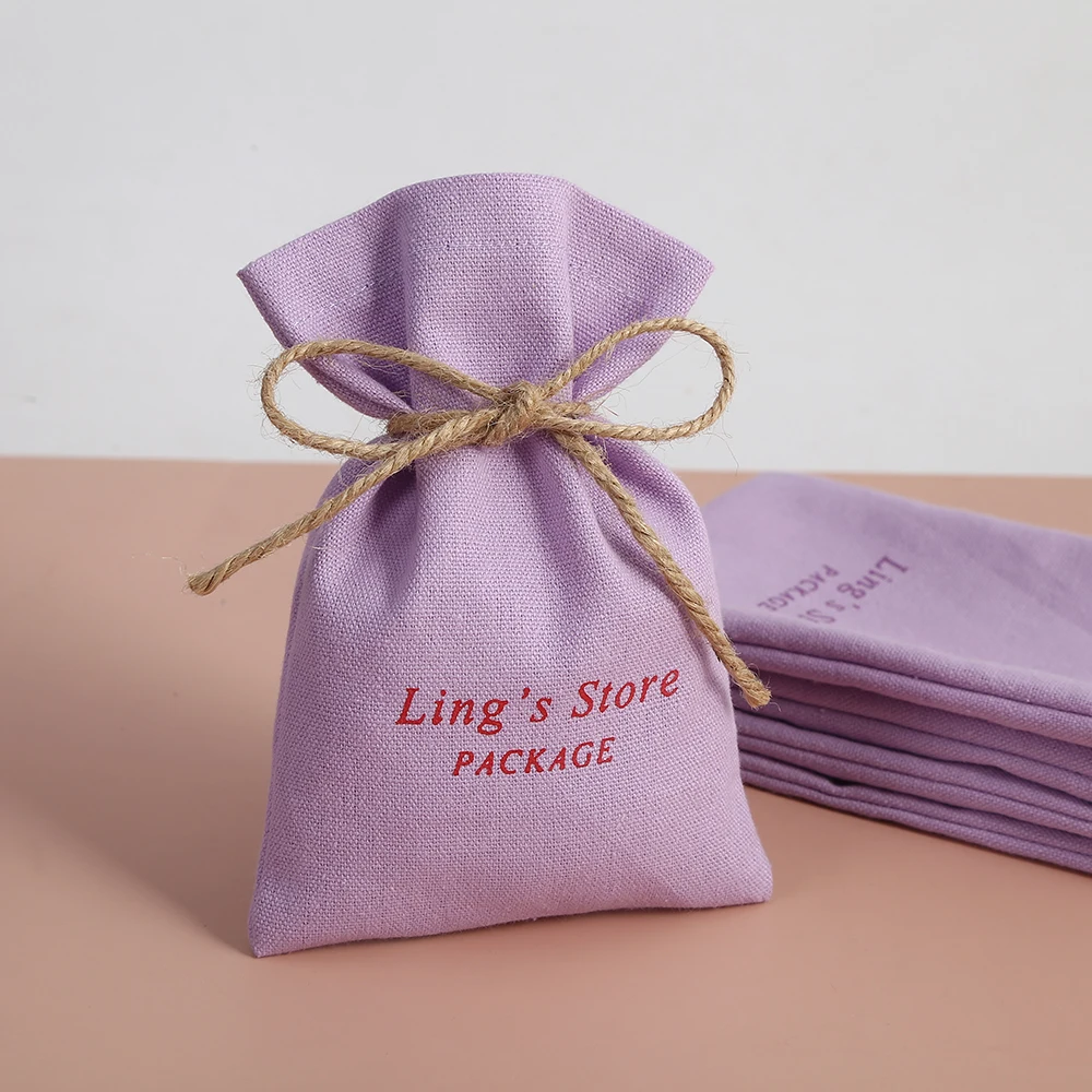 

100pcs Custom Logo Name Purple Cotton Burlap Drawstring Bucket Jewelry Gift Bags Wedding Favors Party Candy Goodie Bag Organizer