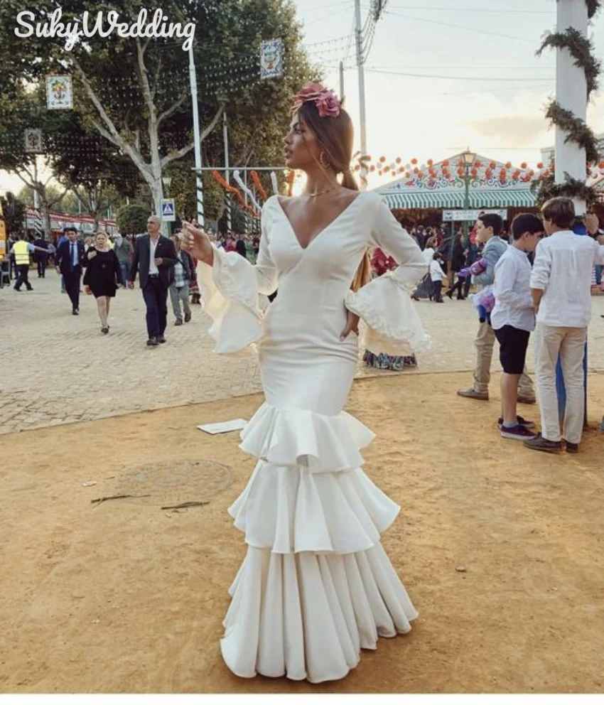 Vestidos com decote em v com saia em camadas, marfim sereia, dança flamenca, vestidos de festa, mangas compridas, vestidos noturnos