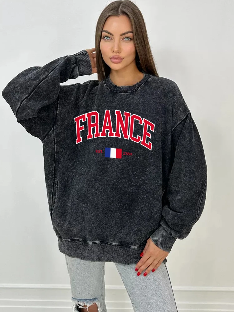 Francia Est 1789 stampa lavato felpa con cappuccio donna Warm Distressed top Casual cotone confortevole felpa autunno Basic Sportswears