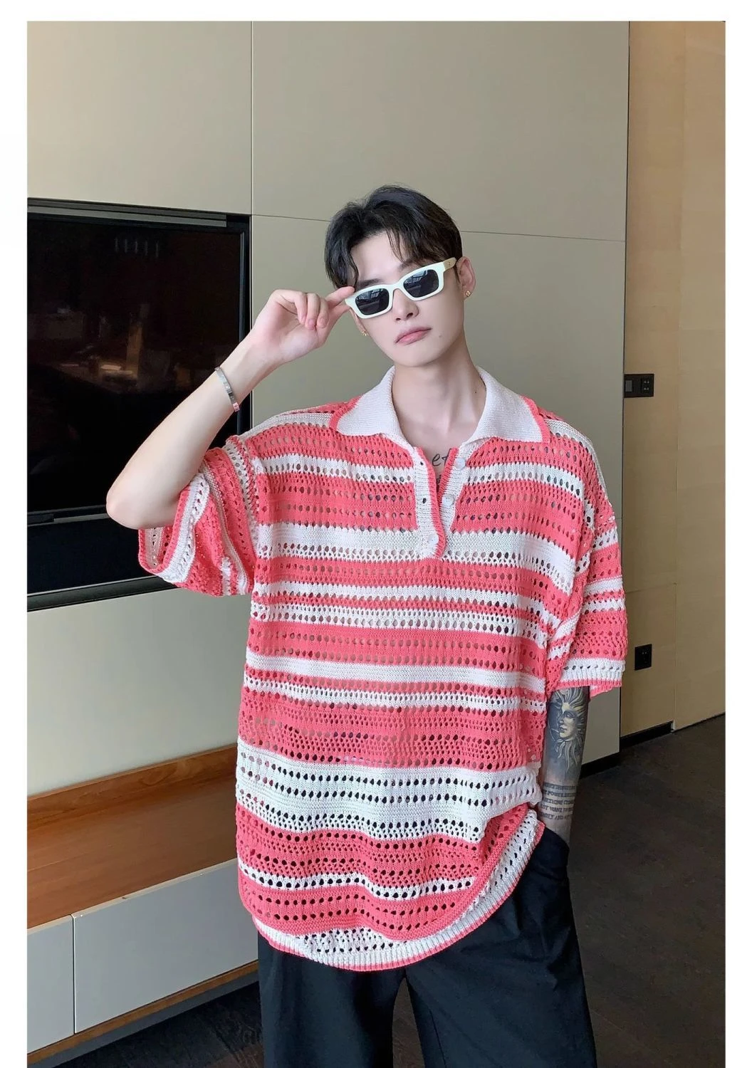 American retro striped contrasting knitted polo shirt loose summer new style casual short-sleeved lapel design men clothing top