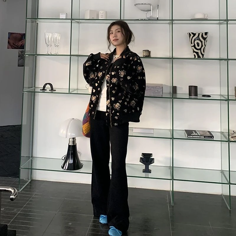 

​ Женская бейсбольная куртка с уникальной вышивкой, осень/зима 202, модное пальто свободного кроя ​