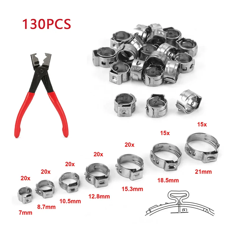 Гениальный-130 шт., бесступенчатый хомут для шланга с одним ухом + 1 шт., хомут для шланга, плоскогубцы, хомут из нержавеющей стали, 7-21 мм, хомут Cinch Rin