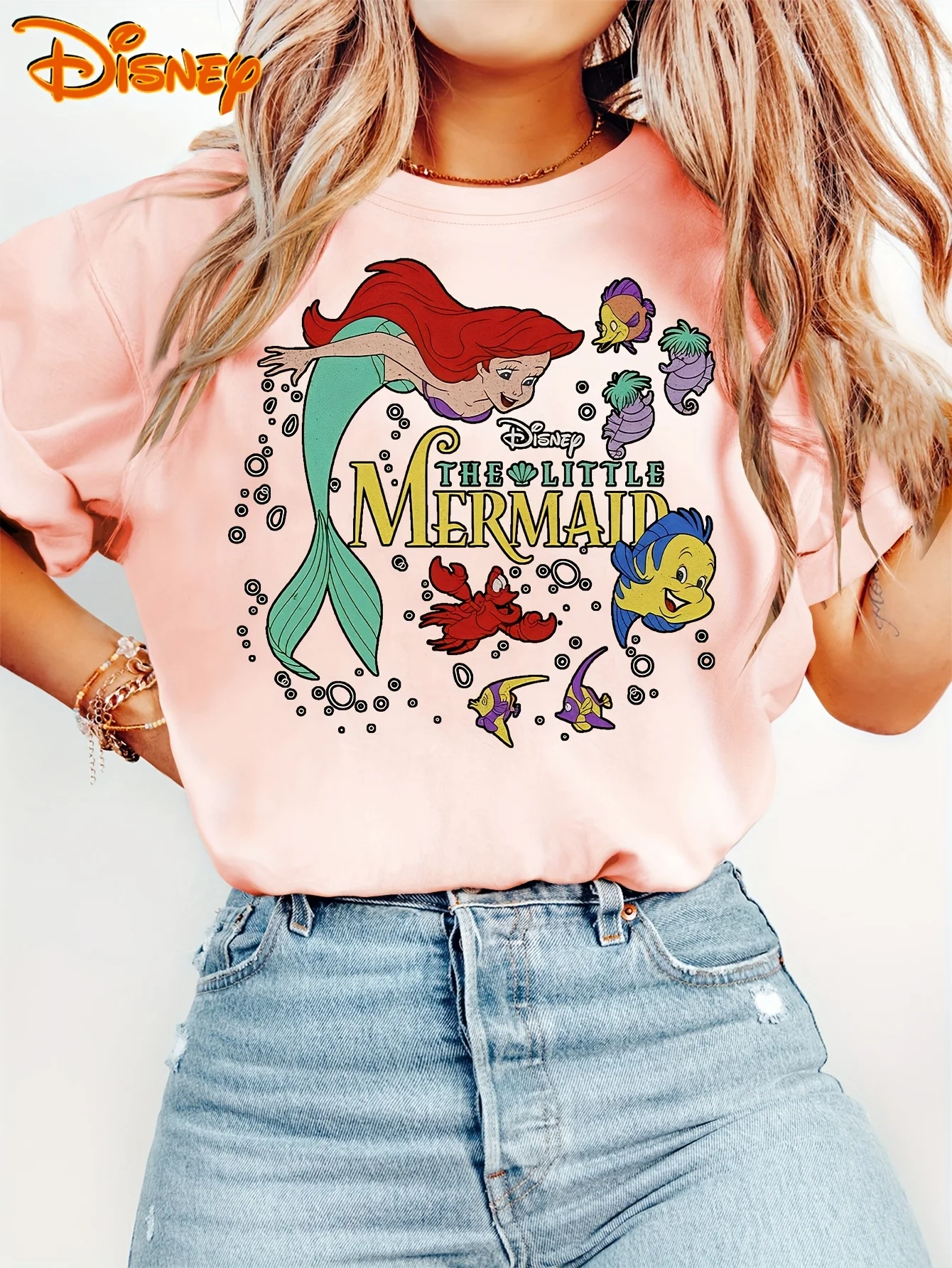 تي شيرت نسائي من Disney Little Mermaid Friends برسومات لـ Ariel Flounder Sebastian تي شيرت كاجوال مستوحى من الطراز القديم ناعم قابل للتمدد