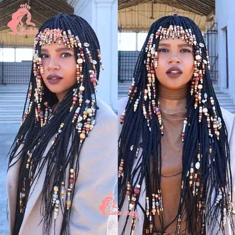 Synthetic Full Lace Braided Wig with Bangs 32inch Knotless Cornrow Box Braids Wig Lace Frontal Braided Lace Wig for Black Women