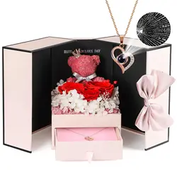 Eternal Rose Bear Box with Heart Necklace Projection 100 Languages I Love You Heart Pendant Jewelry Mother's Day Valentine Gift