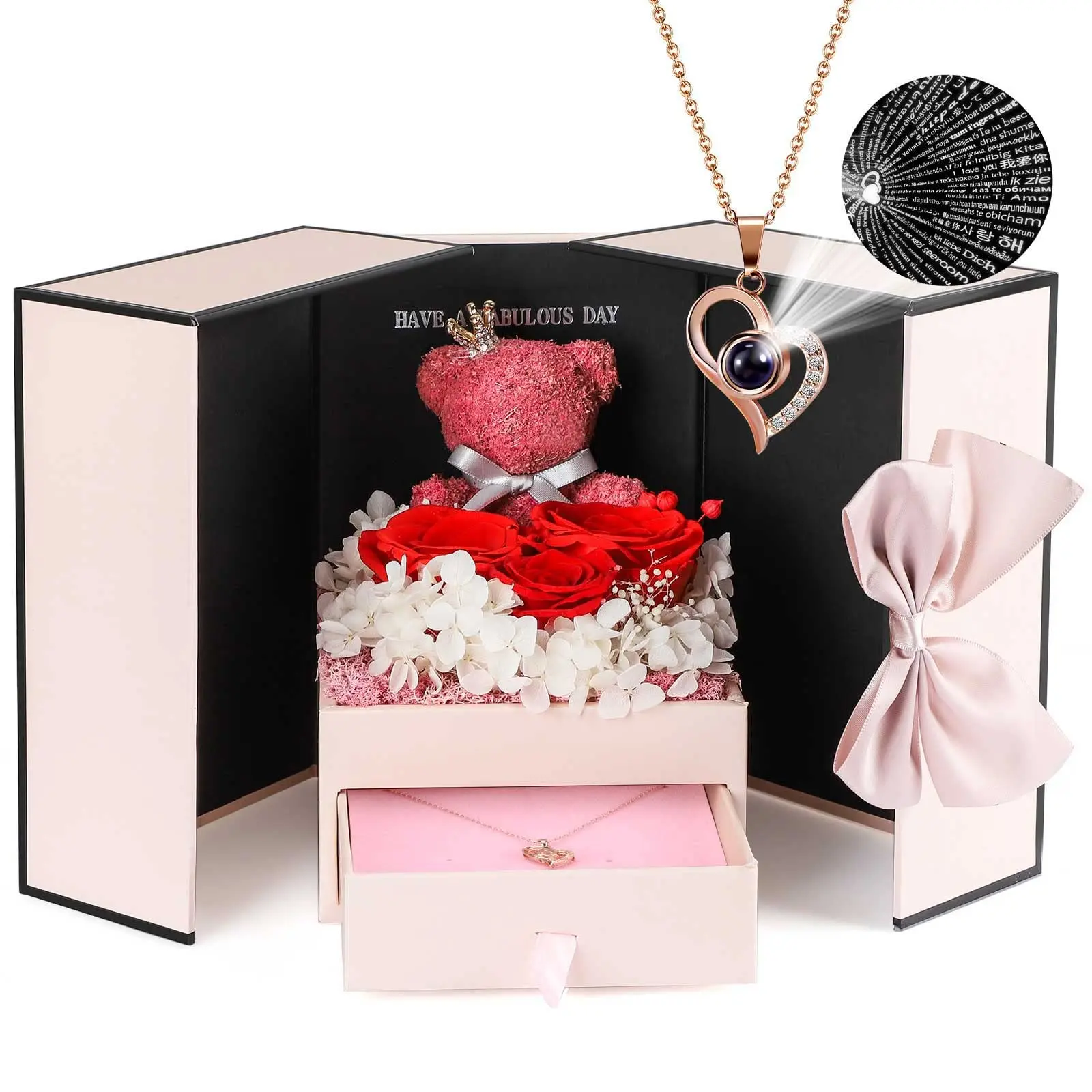 Eternal Rose Bear Box with VIP Necklace Projection 100 Languages I Love You Heart Pendant Jewelry Mother's Day Gift