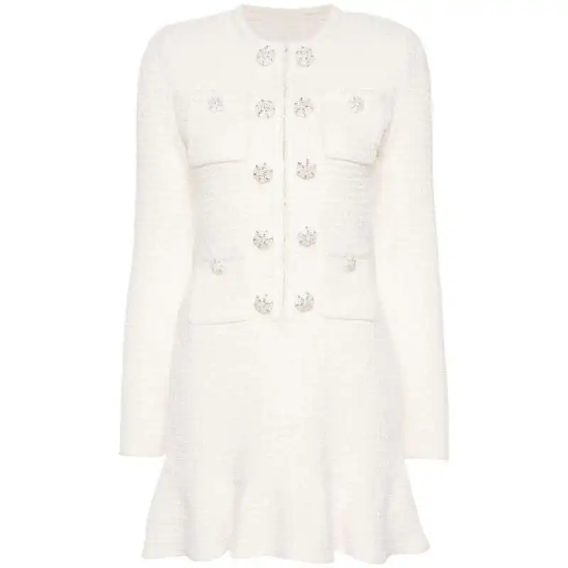 

Brand Designer Autumn/Winter Ivory White Sweet Knitted Dress Women Bead Diamonds Long Sleeve Prom Evening Short Dresses Knitwear