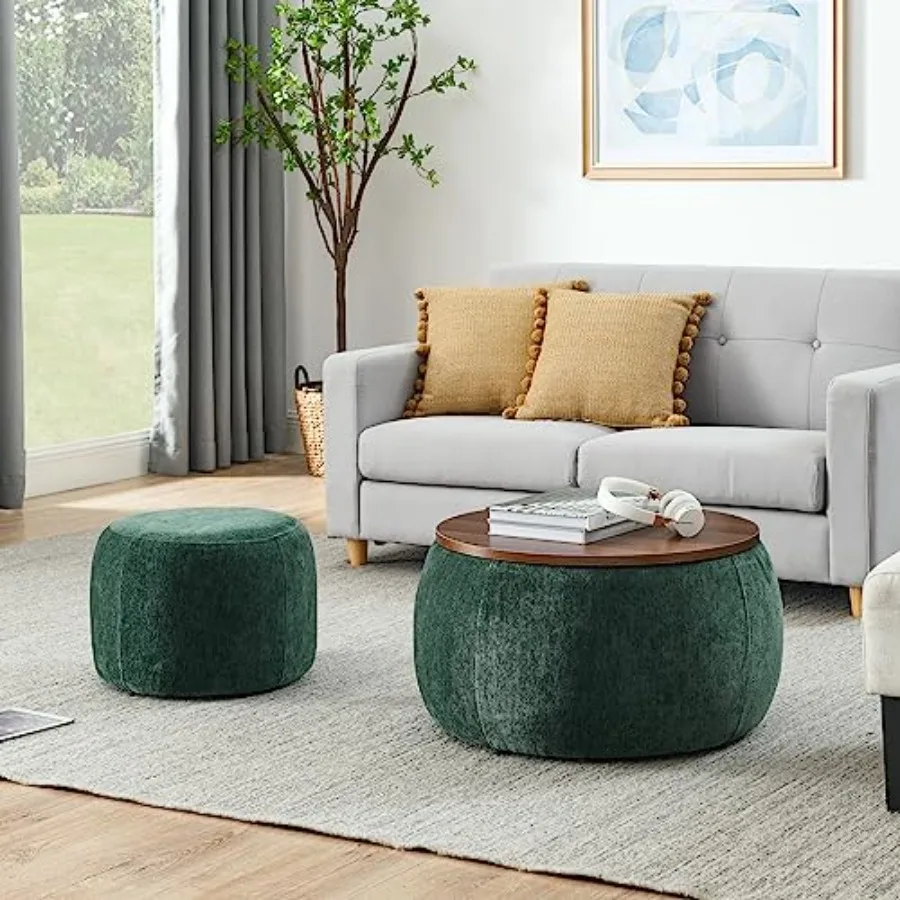 Woven Rattan Storage Ottoman for Living Room and Entryway, Natural Brown, 2-in-1 Round End Table with Hidden Storage and Nestin