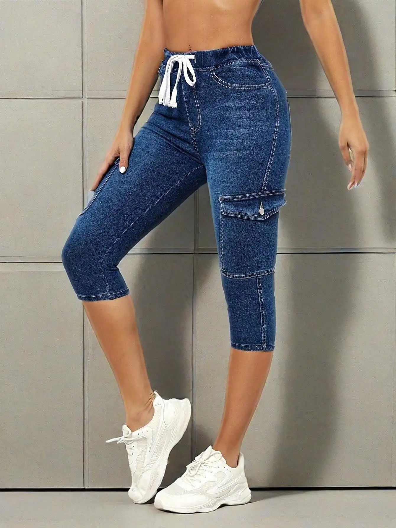 Women's Washed Retro Dark Blue Denim High  Waisted Slim  Fit Drawstring 3/4  Length Jeans Casual Summer Streetwear 2025
