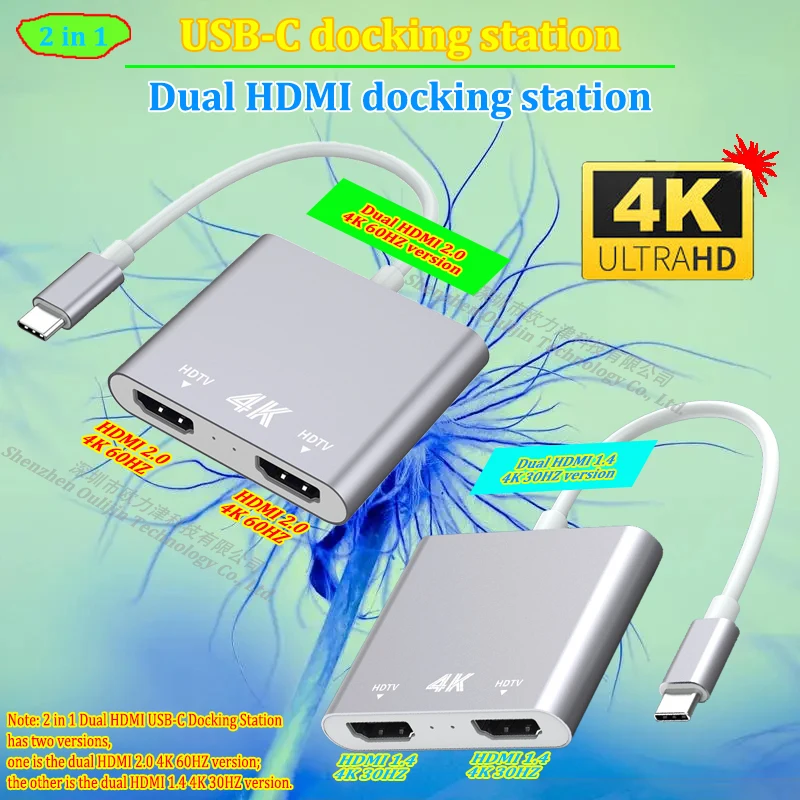 Thunderbolt HUB Docking Station USB-C 2x HDMI 4K 60HZ/30HZ Laptop Accessories For MacBook DELL Lenovo HP ASUS ThinkPad MateBook