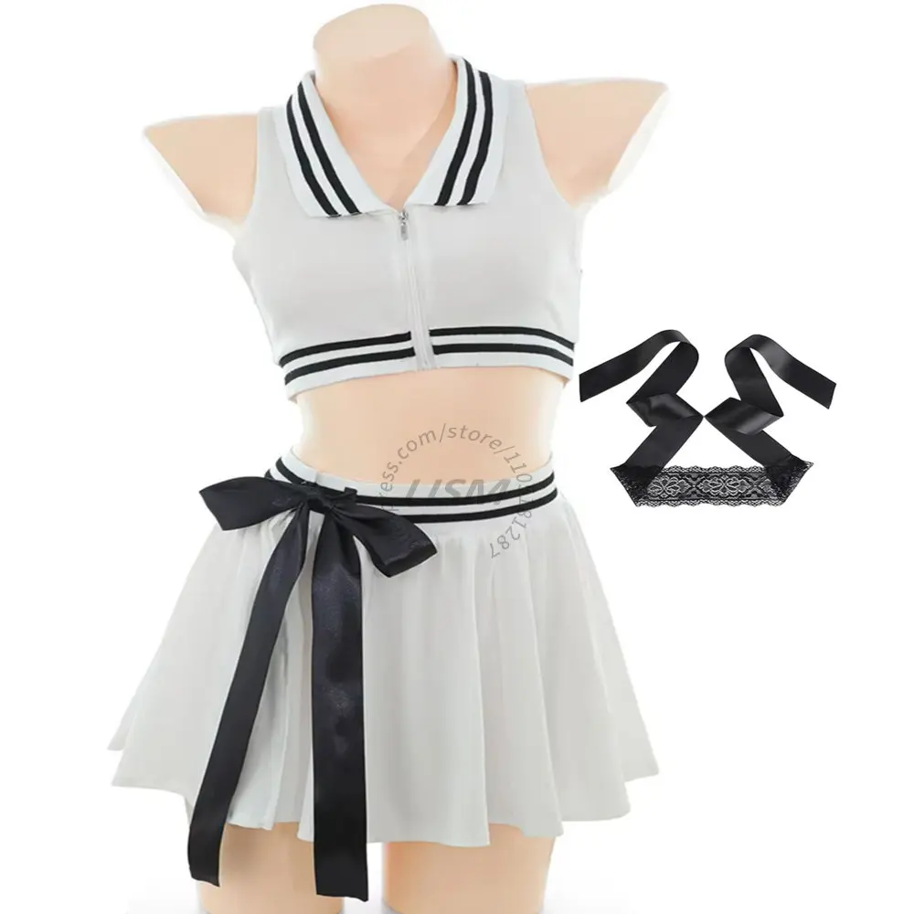 LISM White Tennis Girl Cheerleader Cosplay Lingerie Set For Women, Cropped Sleeveless Top With Pleated Mini Skirt Costume
