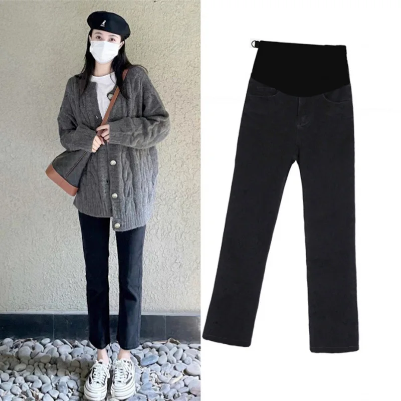 Maternity Pants Autumn New Arrival Slim Fit Thickened Straight Leg Ankle Length Stretchable Jeans With Adjustable Waist