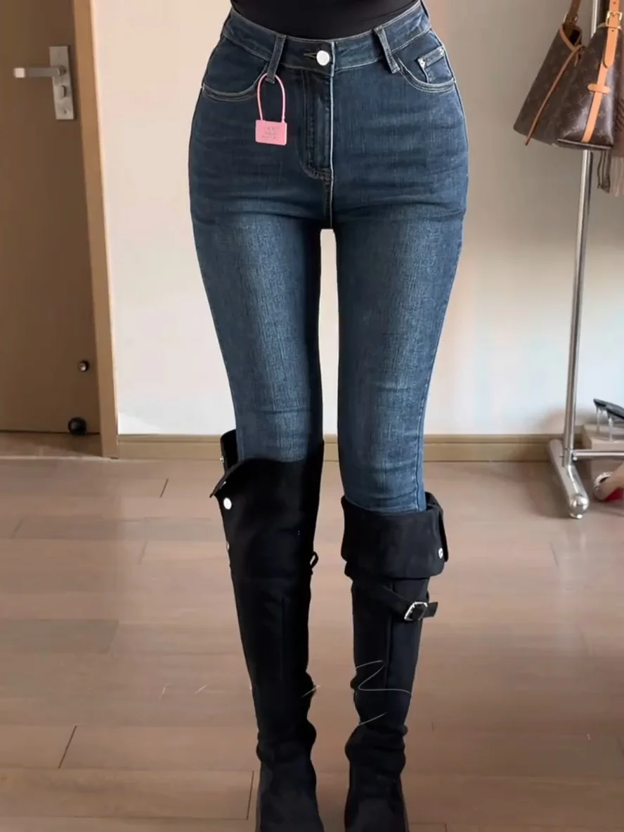 

Женские джинсы с высокой талией, эластичные, на флисовой подкладке, облегающие, осенне-зимние, модные, в корейском стиле, с эффектом подтяжки ягодиц, повседневные скинни