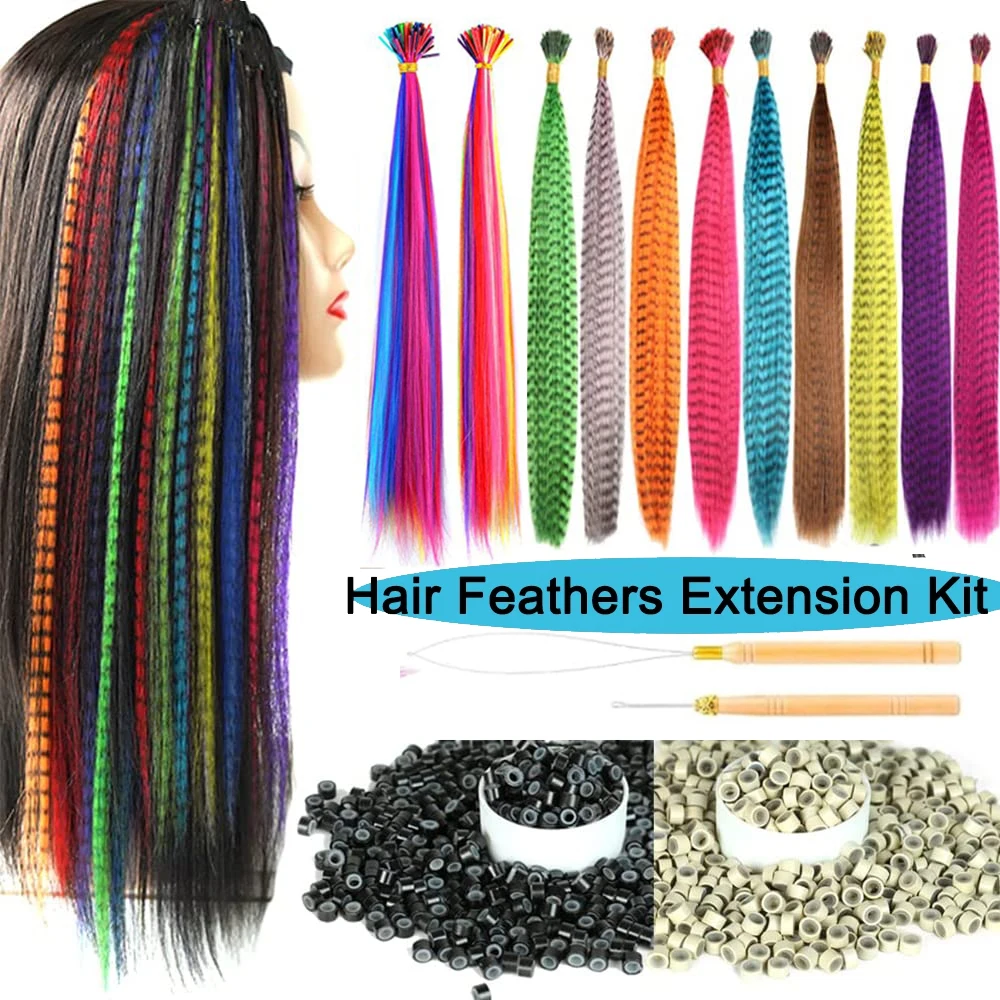 

50 Pcs Hair Feathers with Hair Extension Tools,Long Straight Synthetic Hair Feather Extensions Kit with Beads for Women Girls