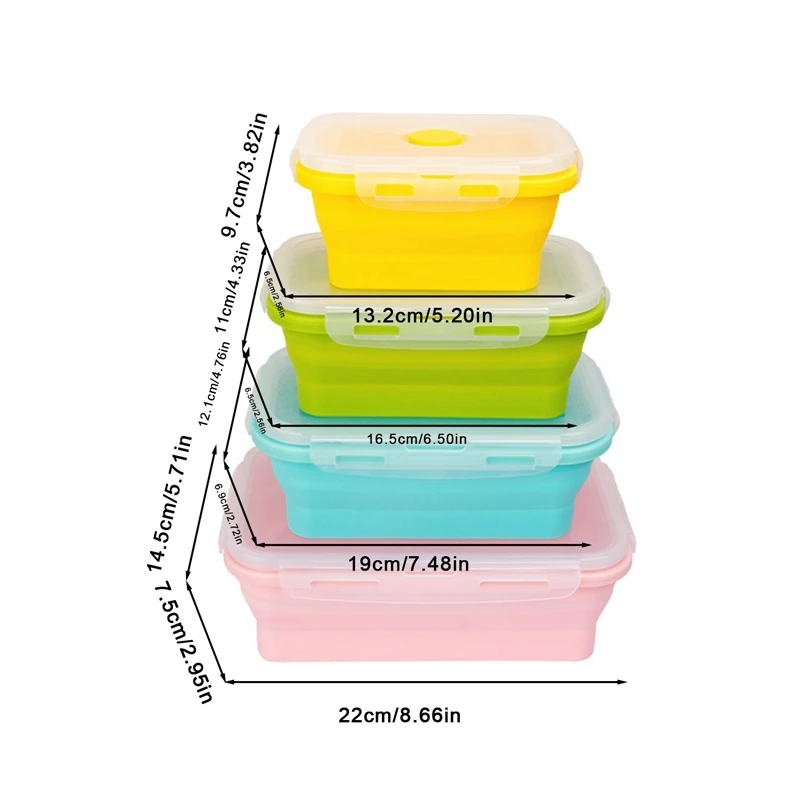 4Sizes Silicone Collapsible Lunch Box Food Storage Container Colorful Microwavable Portable Picnic Camping Rectangle Outdoor Box