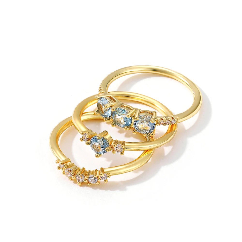 

3Pcs/Set Gold Color Stacking Ring for Women 18K Gold Plated Light Blue Zircon Wedding Band Set Minimalist Fashion Jewelry