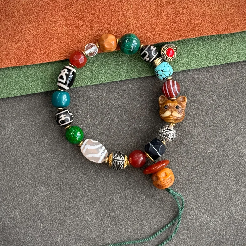Tibetan-style returned multi-treasure bracelet made of yak , , star-moon bodhi, agate, dzi beads, and camel bone