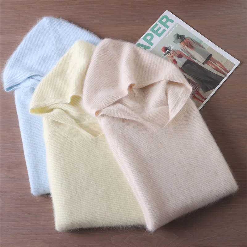 

Women's Autumn Winte 100% Pure Mink Cashmere Sweater with Hood and Round Neck Korean Collegiate Style Casual High-Quality Knit
