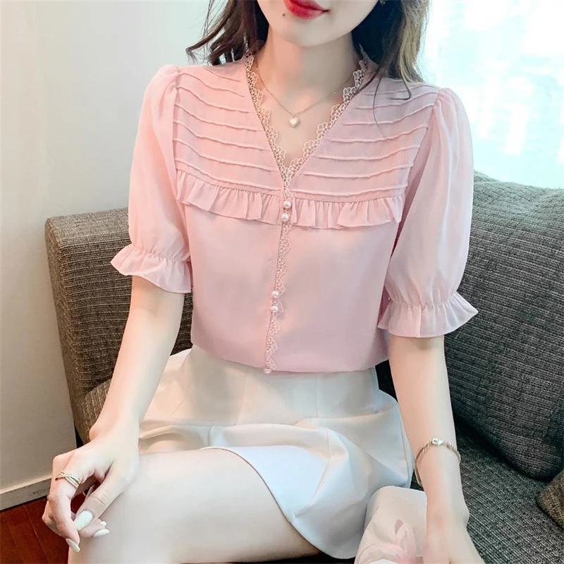 Women\'s Clothing 2024 Summer Fashion Ruffle Lace Patchwork Blouse Elegant Sweet Chic Shirt Casual Solid V Neck Short Sleeve Tops