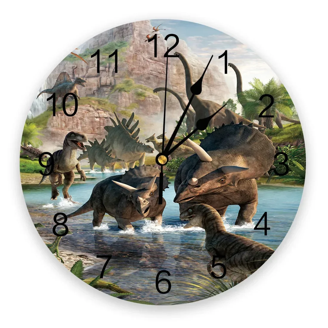 

Jurassic Period Dinosaur Round Wall Clock Acrylic Hanging Silent Time Clock Home Interior Bedroom Living Room Office Decoration