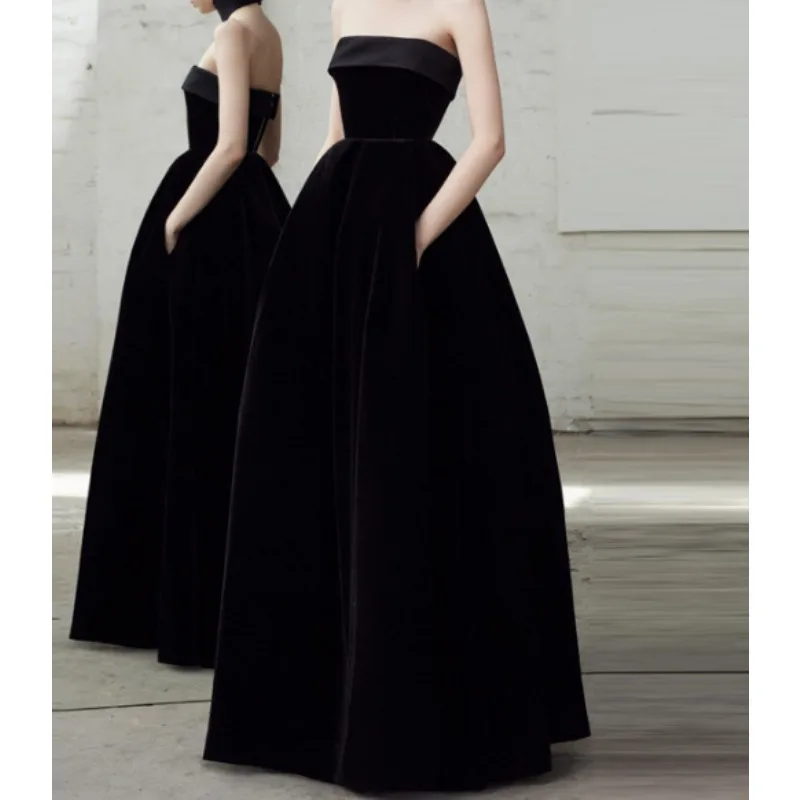 Простое черное корейское вечернее платье без бретелек с тюлем на одно плечо, эластичное атласное вечернее платье, свадебное платье