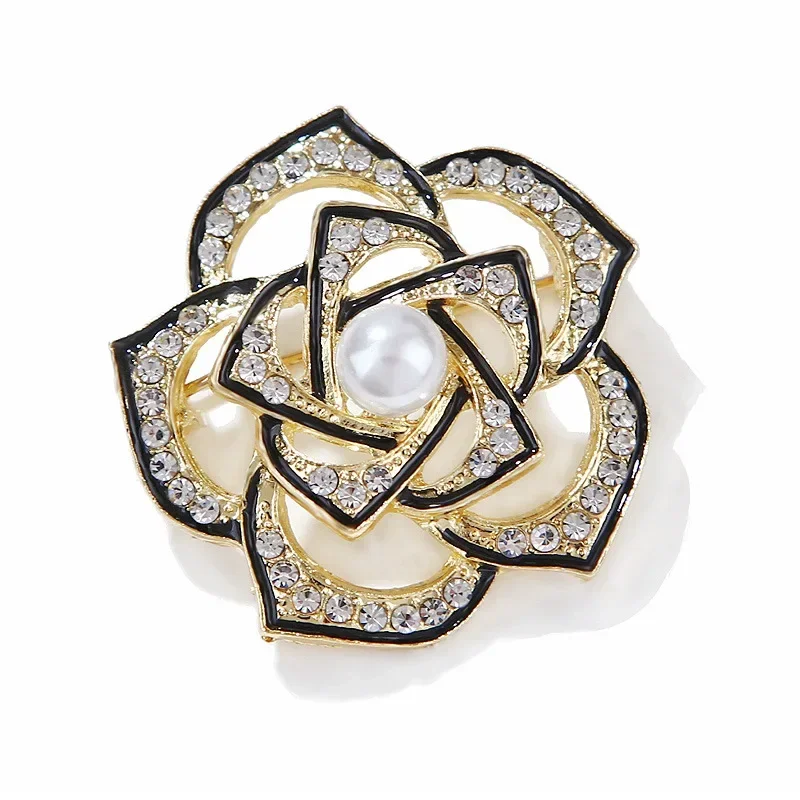 Rhinestone Golden And Black Floral Brooch Women's Camellia Pin Corsage Accessories Gift