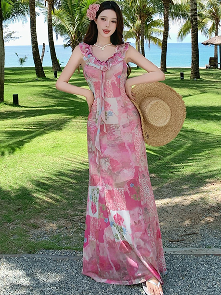 Abito da donna sexy con colletto arricciato floreale rosa Abito estivo Boho elegante di lusso maxi abito 2025 Abito da festa aderente vintage coreano