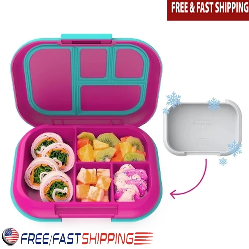 

Kids Lunch Box Bento Style Leak Proof 4 Compartments Removable Ice Pack Freezer Microwave Safe Easy Clean BPA Free