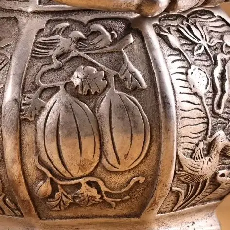 Old Xizang Folk Collection Old Bronze  Gilded Silver Mosaic Gem Hexagonal Flower Texture Kettle Teapot Amass wealth Ornaments