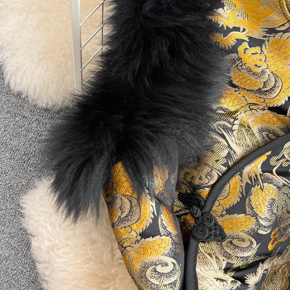 Autumn and Winter Retro Chinese-style Faux Fur Splicing Vest Stand-up Collar Waist Slim Short A-line Jacquard Dress