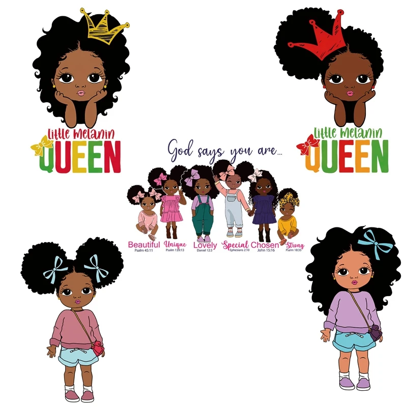 Cute Black Girl Thermal Heat Transfer Stickers DIY Print-On T-Shirt Hoodies Iron On Patches For Clothes Kid Applique Set