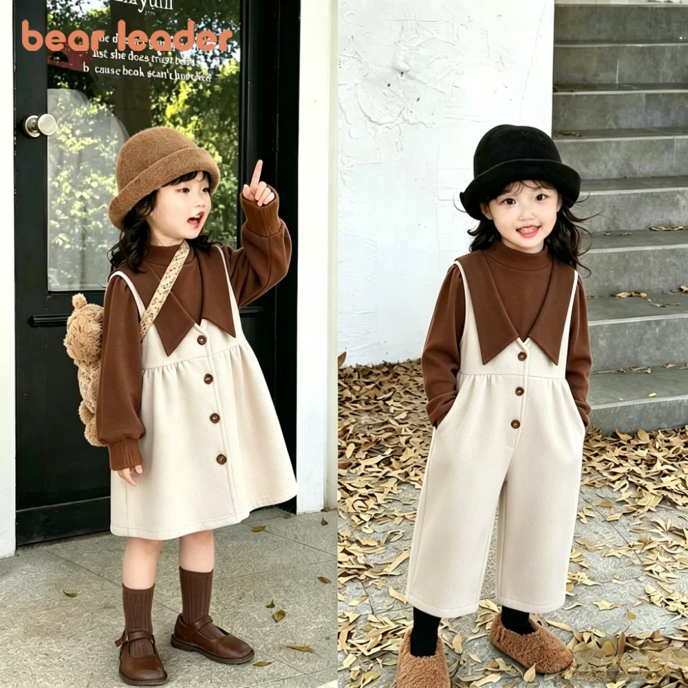 Bear Leader Autumn/Winter Korean Version Brown Long Sleeve Girls' Clothing Solid Color Children's Top and Bottom Clothes Set