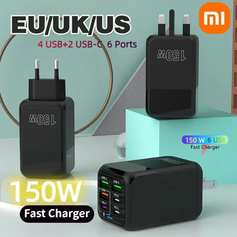 Xiaomi 150W 6 puertos PD QC 3,0 USB C cargador rápido adaptador de pared carga súper rápida para iPhone Samsung iPad Xiaomi Huawei Oneplus