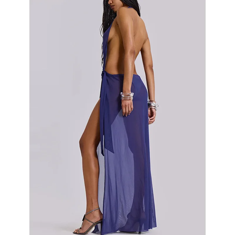 

Elegant Womens Hollow Mesh Sheer Maxi Dress Sexy Side Split Backless Formal Party Evening Long Dress