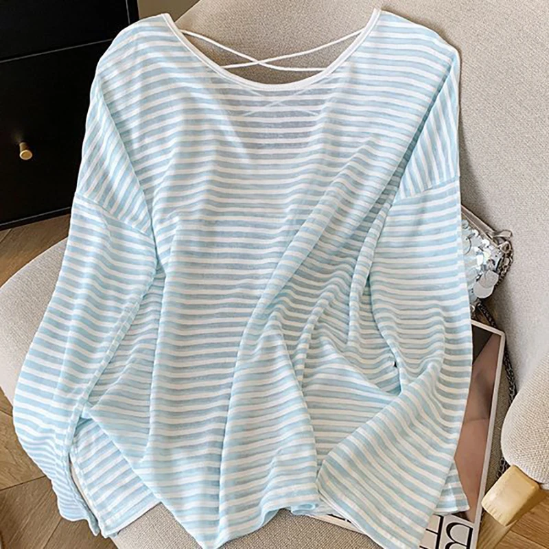 

Fall Striped Print Women O Neck Long Sleeve T Shirts Fashion Sweet Thin Microtransparent Sun Protection Loose Tops Office Daily