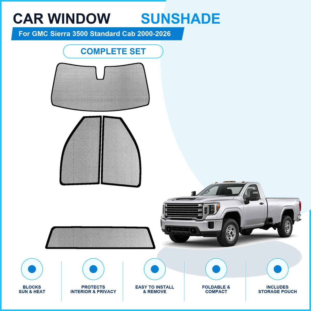 For GMC Sierra 3500 Standard Cab 2000-2026 Custom Full Set Window Sunshades Aluminum Foil Suction Cup Anti UV Privacy