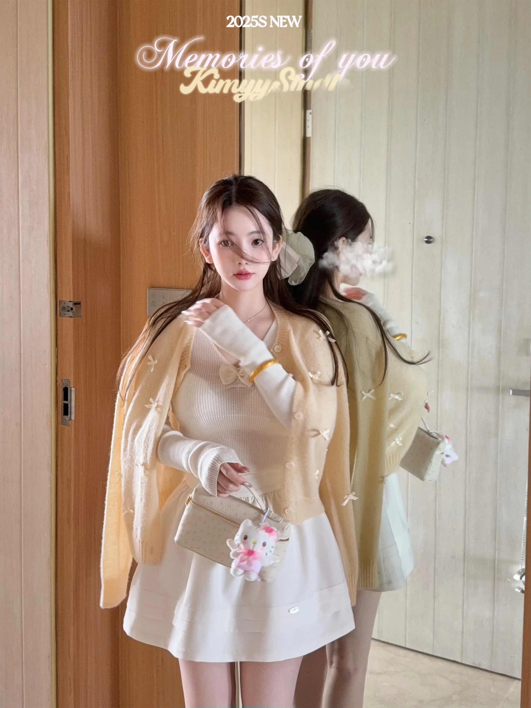 

KIMYY Gold Knot Open Cardigan Skirt Casual Loose Sle Long Sve V-Ne Button Detail Spring 2025 Women's Faion