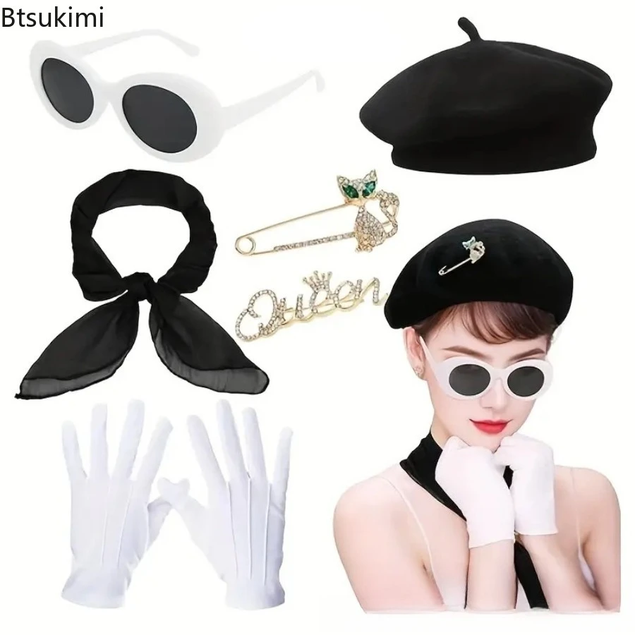 Ensemble de 6 accessoires rétro français pour femmes : béret, écharpe, gants, broche, lunettes de soleil, accessoires de danse pour spectacle de mime, fête à thème