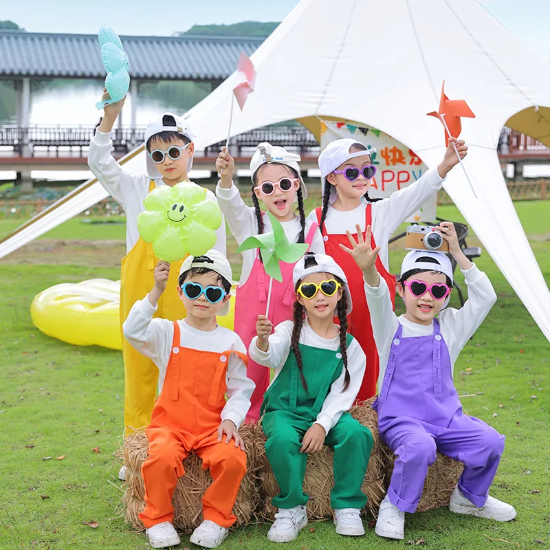 Hip Hop Loose Colorful Overalls for Boys Girls Patchwork Dungaree Child Candy Color Jumpsuit Street Dance Romper Kids Streetwear