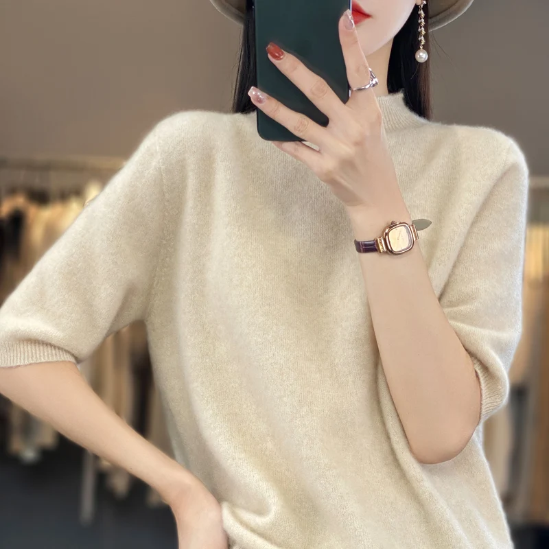 100% pure wool short sleeve summer new women\'s semi-high neck pullover blouse loose knit vest fashion T-shirt