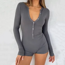 Frauen einfarbig einreihige Stram pler o Hals Langarm schlanke Legging kurze sexy Overalls hohe Taille Spiel anzüge ywfd020