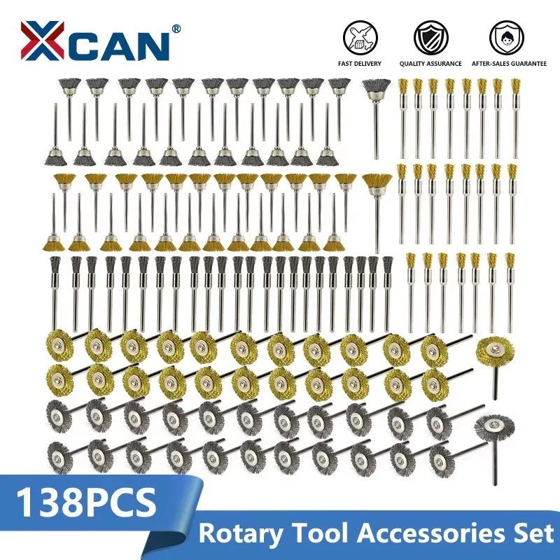 

XCAN 138pcs Steel Wire Wheel Brass Brush Set Cup/ Pen/T Shaped Wire Brush 3mm Shank Polishing Brush for Burrs Dust Quick