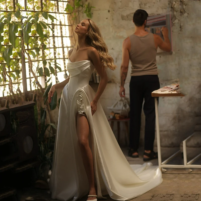 

Eightree Sexy Satin Wedding Dresses With Train Sweetheart Side Slit Wedding Gowns White Bride Dresses Customzie To Measures 2026