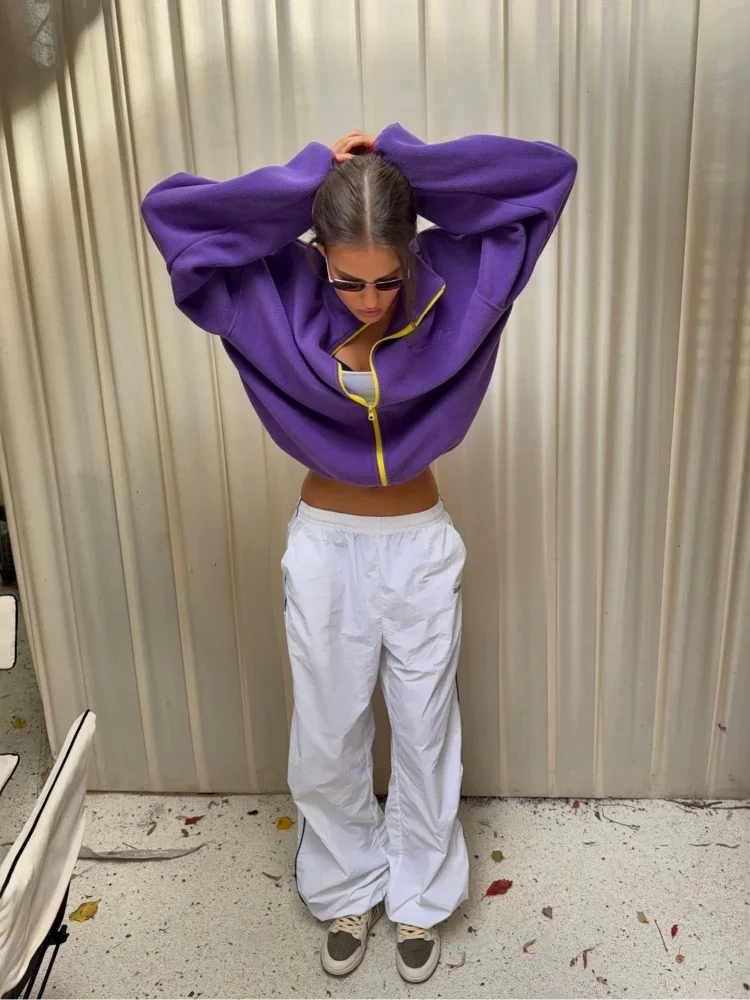 Womens Purple Fleece Jacket Stand Collar Contrast Zip Loose Fit Pockets Coat Fall Winter Sporty Outdoor Streetwear Trendy Wear