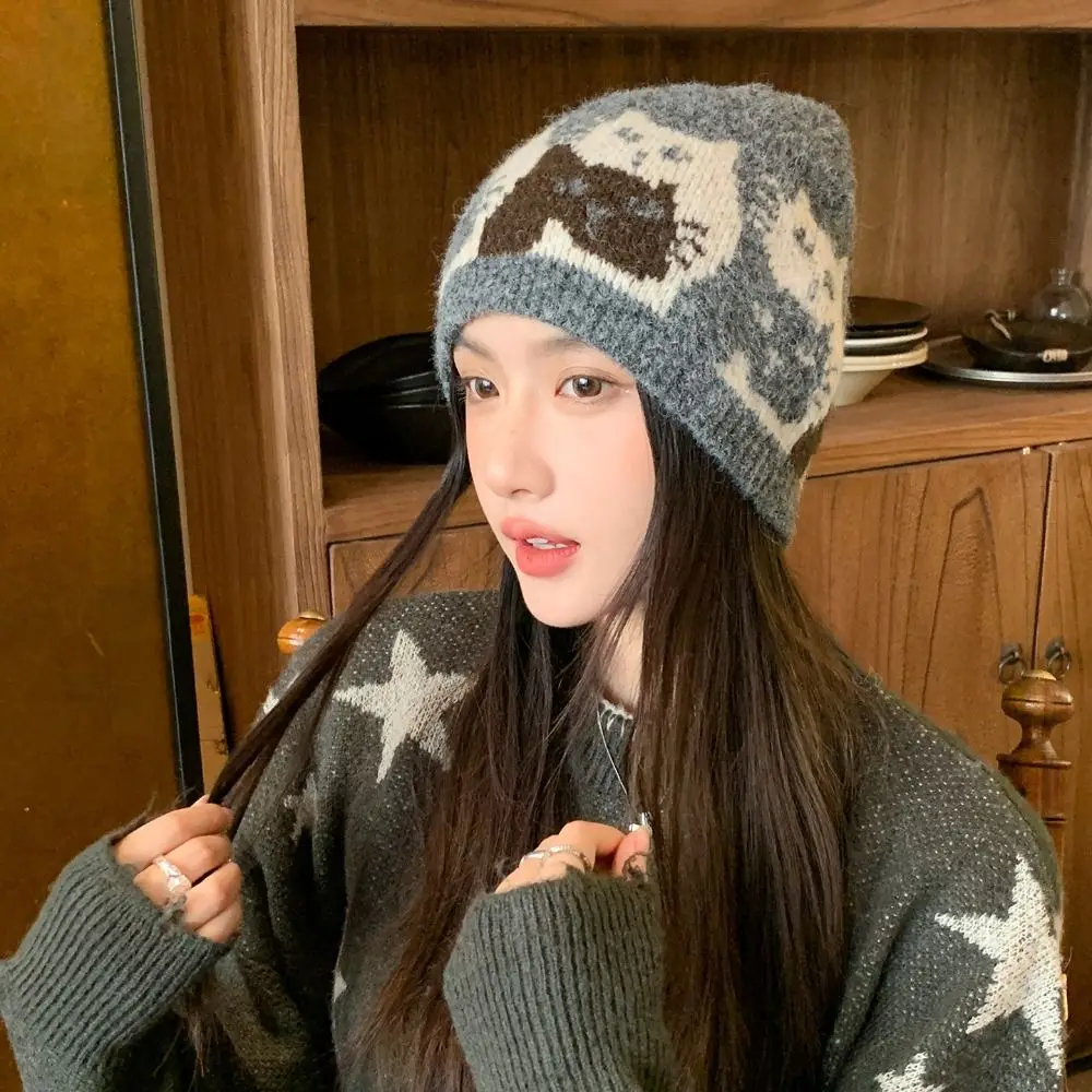 Sweet Warm Jacquard Cat Knitted Hat Printed Wool Jacquard Pattern Beanies Korean Retro Printing Knit Cap Apparel Accessories