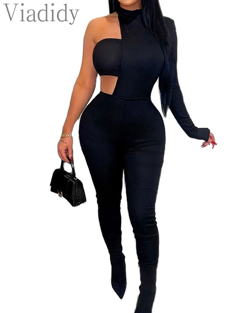 

One Shoulder Irregular Long Sleeve Skinny Jumpsuit