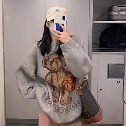 Cartoon Bear Large Western Style Round Neck Loose Korean Knitted Fashion Casual Autumn/Winter Sweater for Women