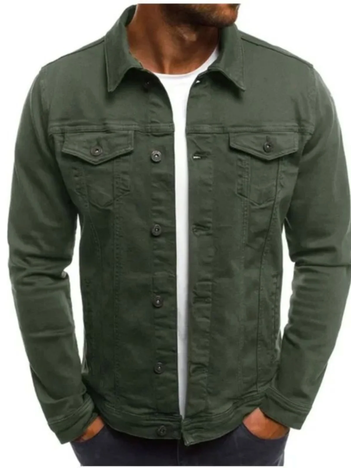 

Men's Casual Denim Jaet Pure Color Workwear Outerwear Stand Fit Youth Faion Autumn Windproof Long Sve Button up