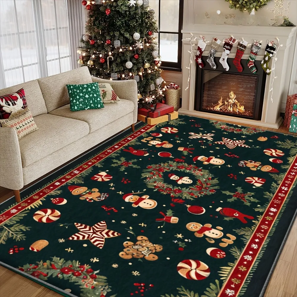 Rot Grün Weihnachten Teppich Lebkuchenmann Teppich Rentier Schneeflocke Matte Vintage Grenze Home Dekoration Wohnzimmer Boden Matte